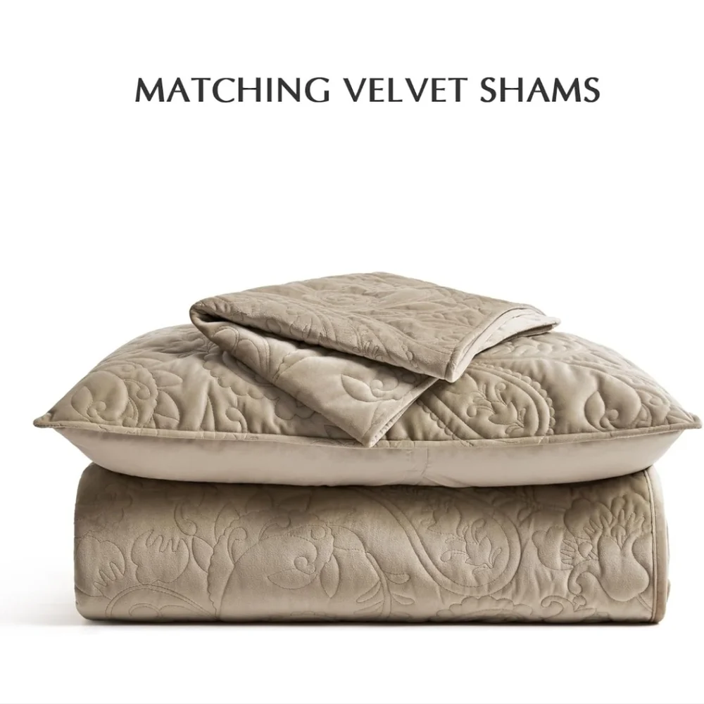 EVERGRACE Luxury Pearl Velvet Quilt Set Queen  3 Pieces, Soft Paisley-Stitch Vel
